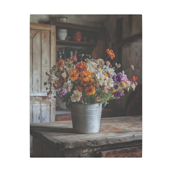 Rustic Floral Canvas Wall Art, Rustic Country Kitchen Wildflowers, Farmhouse Decor, Floral Art Print, Botanical Wall Decor, Boho Wall