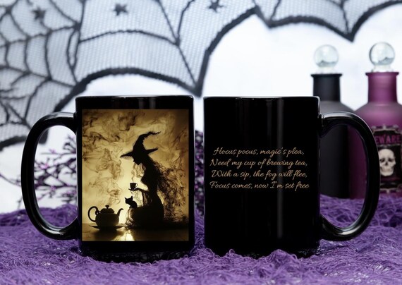 Witch Mug, Halloween Coffee Cup, Witch Tea Mug, Black Cat Mug, Wiccan Drinkware, Magical Tea Cup