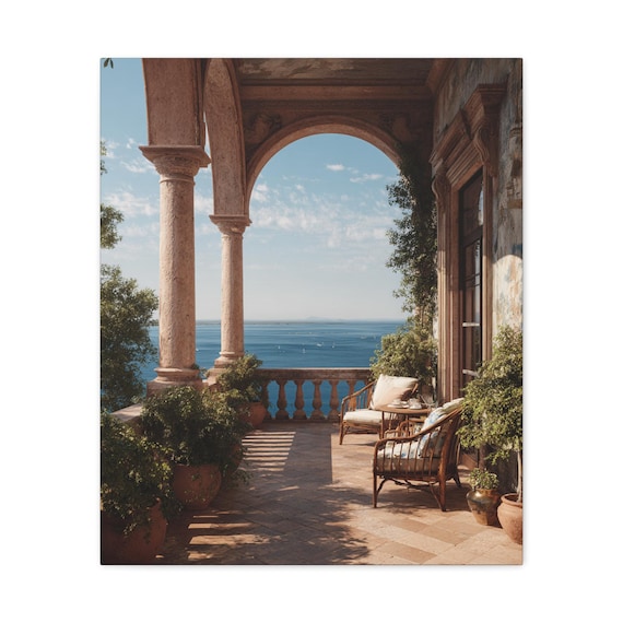 Coastal Canvas Print, Italian Villa Wall Art, Ocean View Home Decor, Nautical Wall Hanging, Beach House Accent, Living Room Artwork