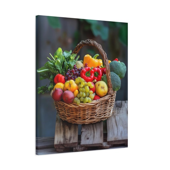 Fruit and Vegetable Basket Wall Art Canvas Print - Kitchen Decor, Farmhouse Wall Decor, Foodie Gift, Dining Room Art, Rustic 16x20, 20x24