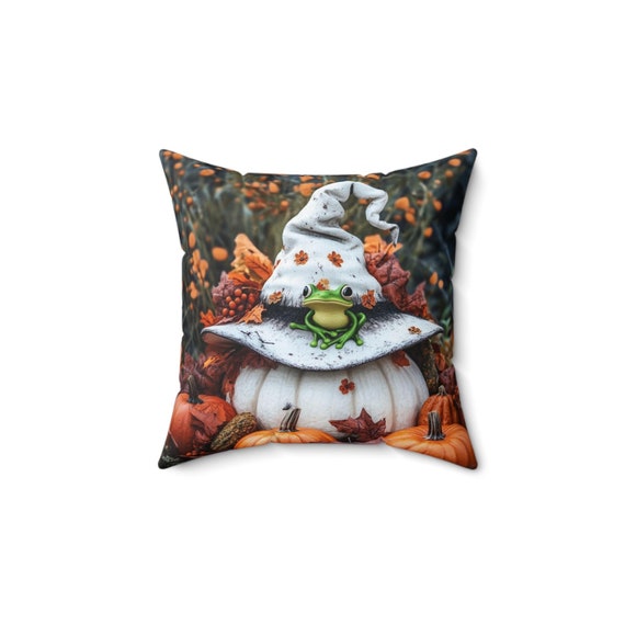 Halloween Pillow, Witch Frog Pillow, Pumpkin Patch Pillow, White Witch Hat, Halloween 14x14  Polyester Square Pillow