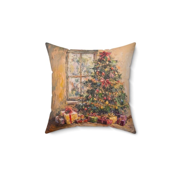 Square Pillow Country Christmas Decorative Cushion, Holiday Throw Pillow, Festive Farmhouse Accent Pillow, Rustic Home Decor,4 sizes