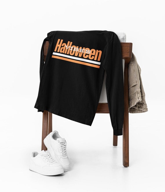 Halloween Vibes Long Sleeve Tee, Spooky Unisex Shirt, Fall Graphic Top, Scary Costume Apparel, Pumpkin Design Clothing