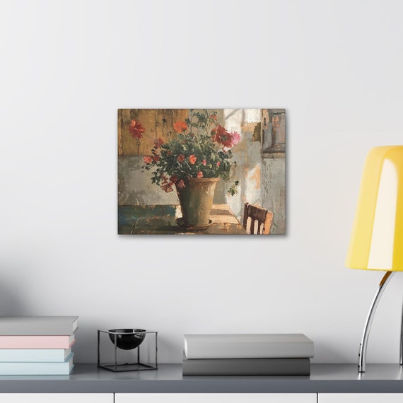 Canvas Gallery Wraps, Rustic Flower Pot Photo Wall Art, Country Table Decor, Farmhouse Canvas Prints, Floral Picture Wrapped Canvas