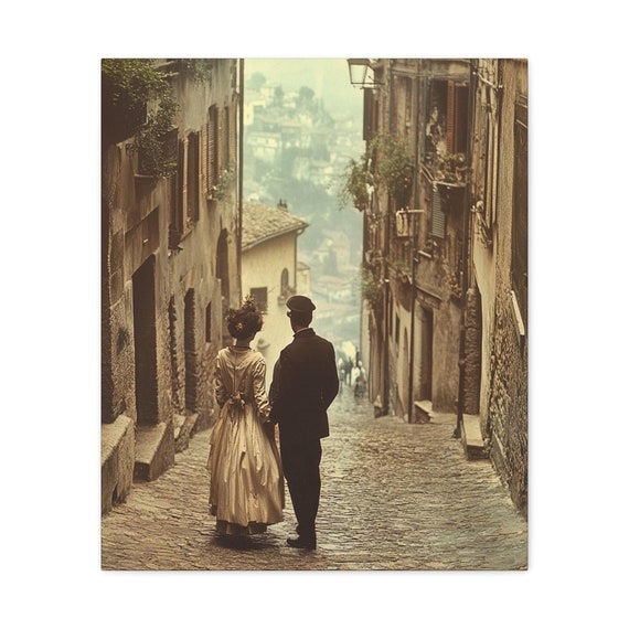 Italy Canvas Couple Walking Canvas Print,Stretched Artwork, Wall Decor, Home Decoration, Romantic Travel Gift, Europe Cityscape