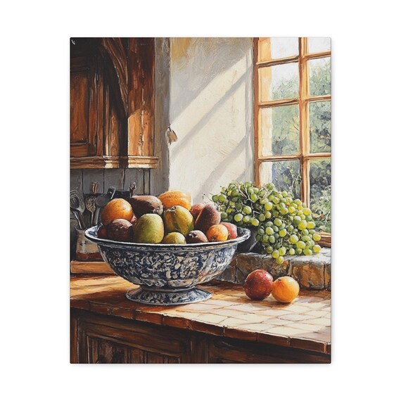Country Kitchen Fruit Bowl Canvas Wall Art,  Rustic Country Artwork for Home, Farmhouse Rustic Decoration, Gift for Chef, Country Kitchen