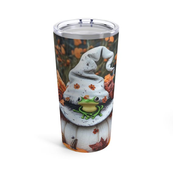 Tumbler 20oz, Halloween Mug, Witch Frog Cup, Pumpkin Patch Drinkware, White Witch Hat, Fall Beverage Container
