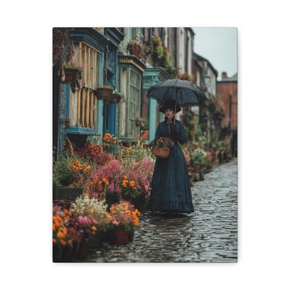 Victorian Woman Flower Shopping Vintage Floral Canvas Wall Art, Home Decor, Cottagecore Aesthetic, Floral Photography Print
