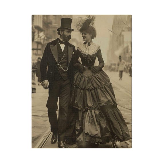 Canvas Print, Victorian Couple Strolling in the City, Wall Art Decor, Home Decor, Vintage Artwork, Romantic Wall Hanging, Couples Gift