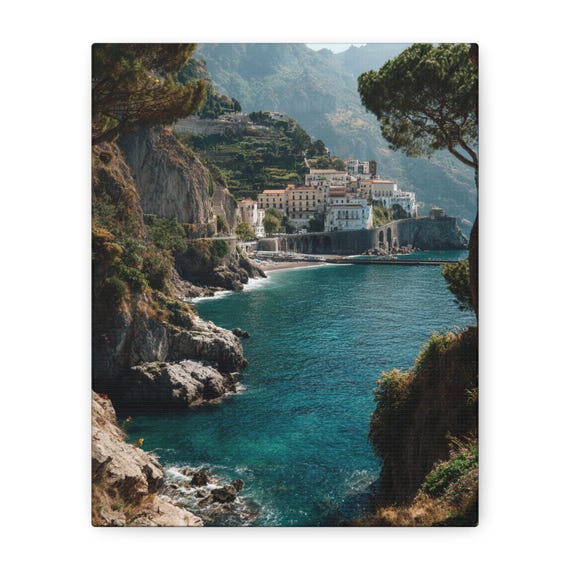 Coastal Village Decor, Beach Home Wall Art, Ocean Landscape Painting, Aesthetic Gift for Nature Lovers, European Esthetic