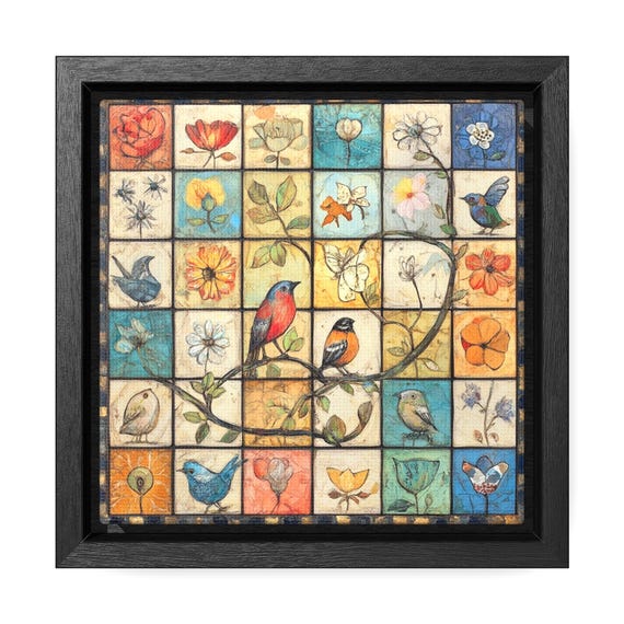 Birds Framed Canvas, Whimsical Bird and Floral Gallery Art, Square Frame Print, Home Decor, Wall Hanging, Nature Lover Gift