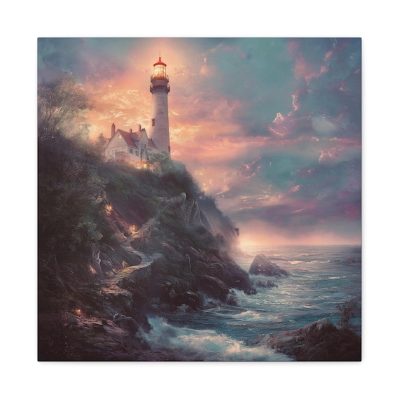 Lighthouse Canvas Print, Lighthouse at Sunset, Wall Art Decor, Coastal Home Decor, Nautical Wall Decor, Beach House Art, Ocean Wall Art