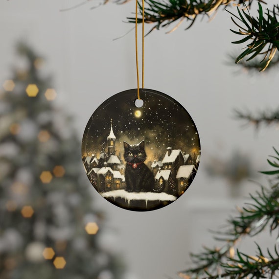 Cat Christmas Ceramic Ornament, Goth themed cat ornamnet