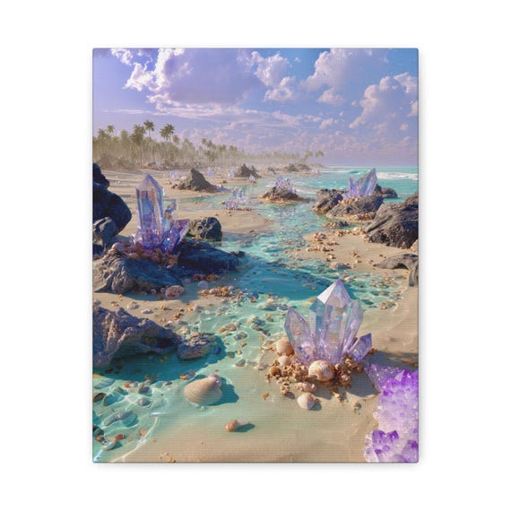 Crystal Beach Canvas Print, Beach Shore Wall Art, Ocean Decor, Coastal Home Decor, Gift for Beach Lovers, Boho Art,Fantasy Beach Art