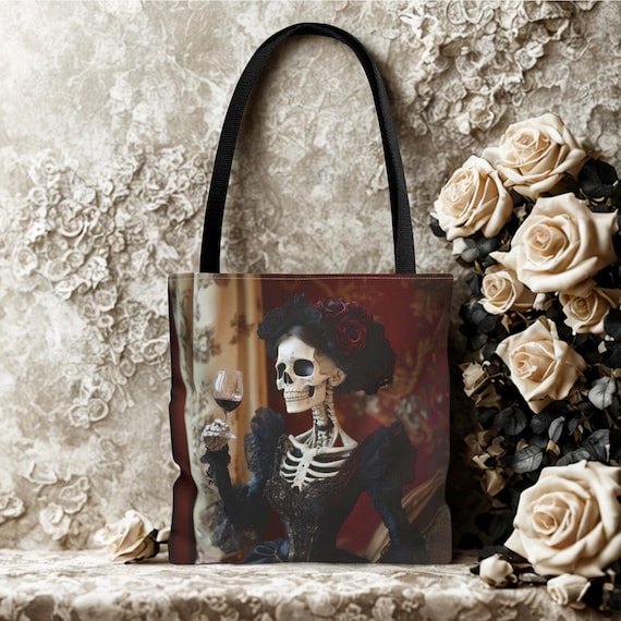 Elegant Gothic Skeleton (with solid black back) Tote Bag: Halloween Decor