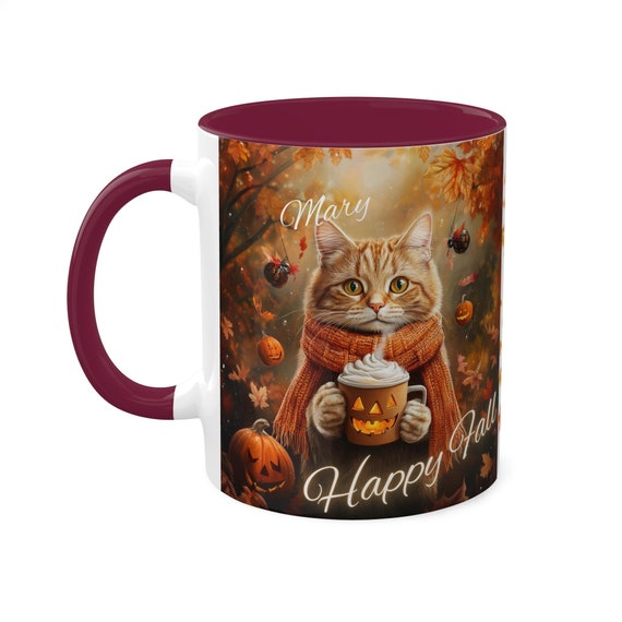 Personalized Cat Mug, Fall, Coffee Drinking, 11oz Mug, Fall Coffee Cup, Custom Name Ceramic Tea Cup, Colorful Mug with Cat Design, Cat Mug
