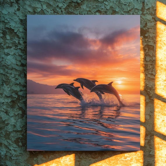 Sunset Dolphin Art Canvas Print, Nautical Home Decor, Ocean Wall Art, Beach Vibes, Gift for Sea Lovers