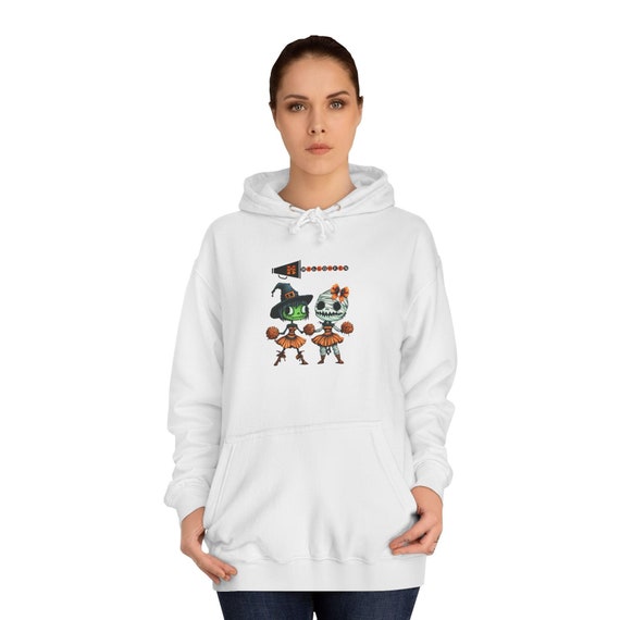 Halloween Cheerleader Hoodie, Witch and Mummy Costume Sweatshirt, Spooky Unisex College Jacket, Halloween Spirit Hooded Sweatshirt, Scary
