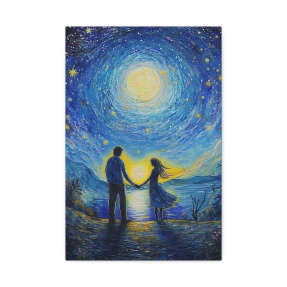 Moonlight Canvas Wall Art, Under the Stars Canvas, Celestial Home Decor, Night Sky Painting, Romantic Wall Art,  Summer Love Canvas