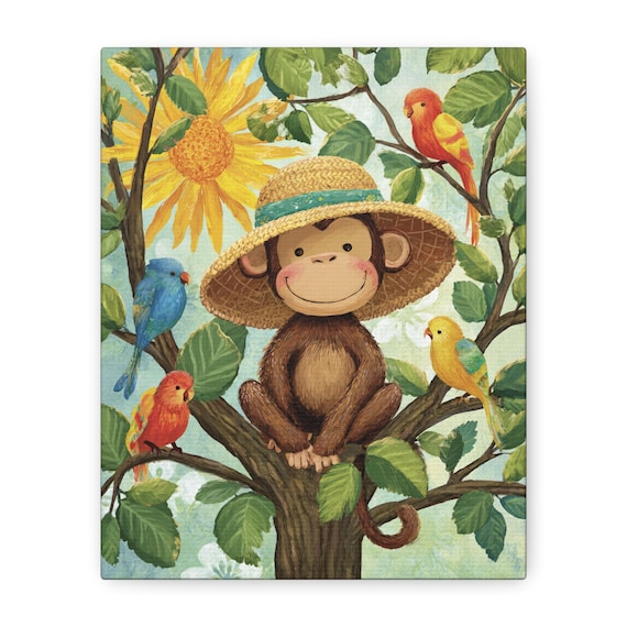 Whimsical Monkey Canvas Art, Playful Home Decor for Kids, Jungle Theme, Gift for Baby Showers, Nursery Wall Art, Animal Lovers