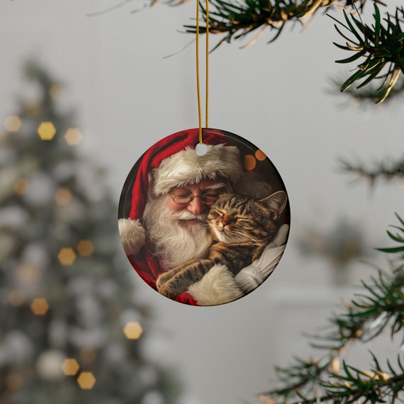 Santa and Cat Ornament, Ceramic Ornaments,Holiday Decor, Cat Tree Decoration, Gift Idea, Cat Ornament, Cat Gift
