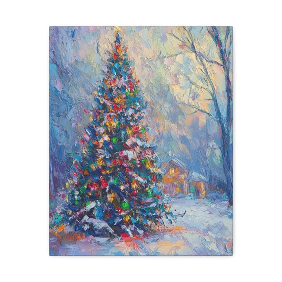 Christmas Tree Canvas Wall Art, Country Christmas Decor, Farmhouse Print, Rustic Winter Home Print, Christmas Painting, Tree Lighting Canvas