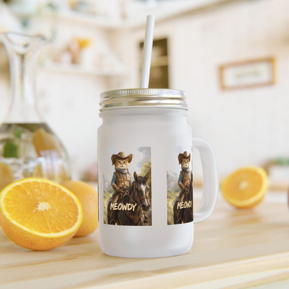 Funny Cowboy Cat Mason Jar with Straw | Cute Meowdy Drinking Glass, Pet Lover Gift, Kitchen Decor, Western Party Supplies, Unique Homeware