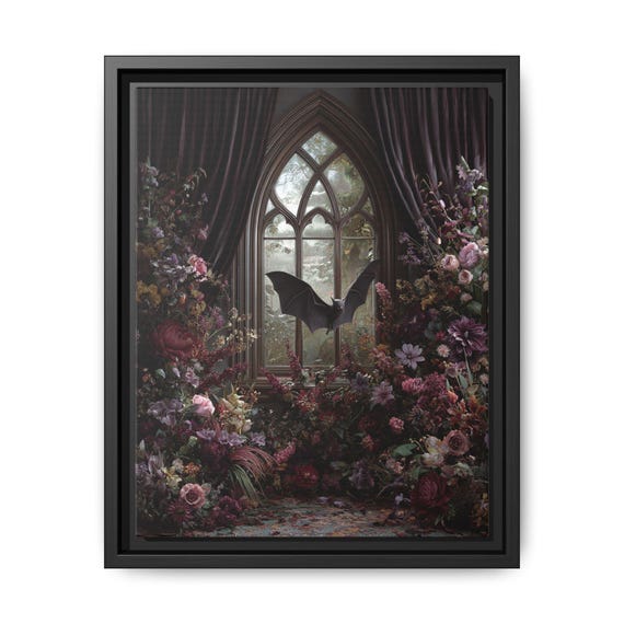 Gothic Floral Art Print, Framed Wall Decor, Dark Academia Decoration, Bat Themed Art, Halloween Home Styling, Gothic Aesthetic Wall Hanging