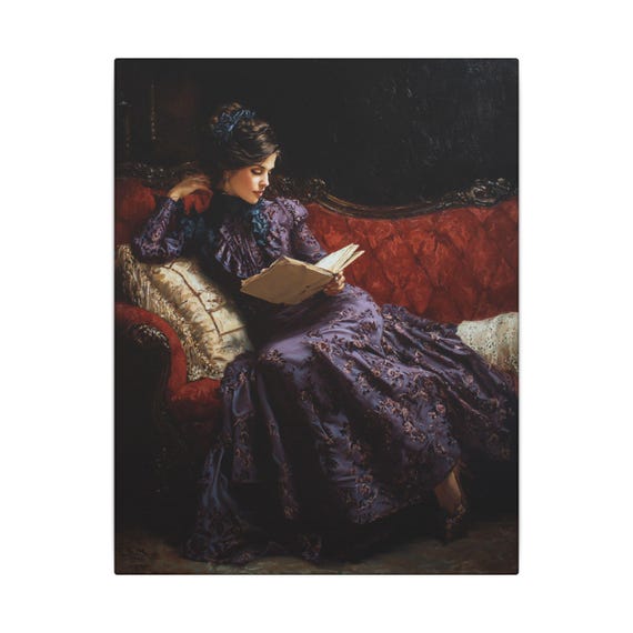 Victorian Woman Reading Elegant Canvas Wall Art for Book Lovers, Vintage Reading Decor, Literary Gift, Home Accent, Art Print