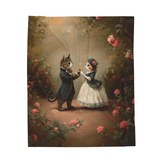 Throw Blanket Cat Couple Romance, Valentines, Engagement, Wedding, Victorian - Plush Bedspread, Cozy Coverlet, Fleece Quilt, Soft Comforter,