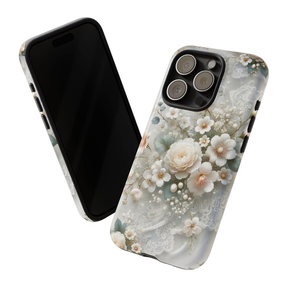 Phone Case, White Flowers and Lace Design, Perfect for Weddings or Showers, Floral Phone Cover, Wedding Gift, Bridal Shower Accessory,