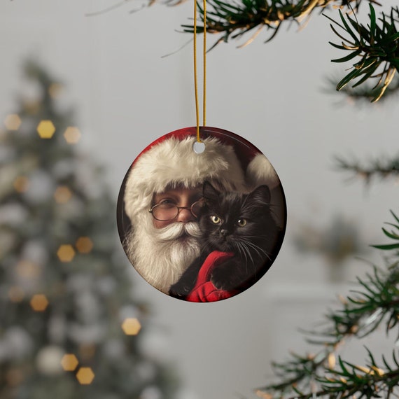 Santa and Cat Ornament, Ceramic Ornaments,Holiday Decor, Cat Tree Decoration, Gift Idea, Cat Ornament, Cat Gift
