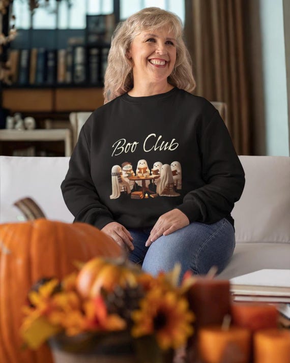 Boo Club Meeting with Charming Ghosts discussing books, Unisex Lightweight Crewneck Sweatshirt