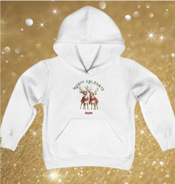 Personalized Happy Holidays Reindeer Sweatshirt, Youth Sizes, Christmas Hoodie, Custom Winter Apparel, Festive Gift for Kids, Cozy Jumper