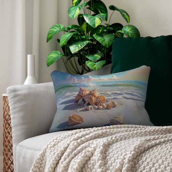 Seashell Lumbar Pillow, Coastal Decorative Pillow, Beach House Throw Pillow, Ocean Theme Cushion, Nautical Home Decor, 20x14