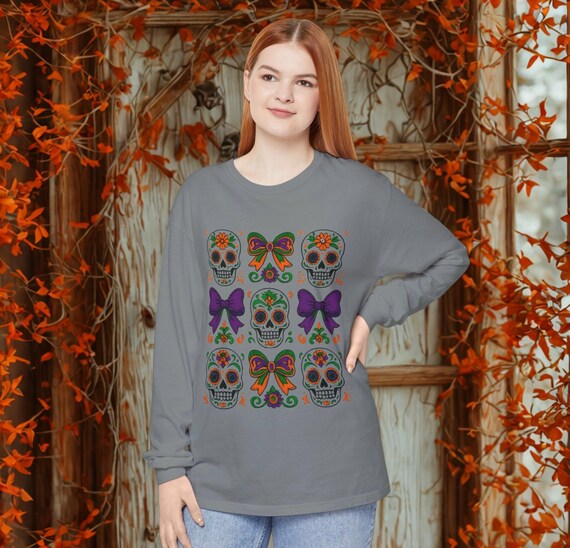 Sugar Skull Coquette Halloween Long Sleeve T-Shirt,Sugar Skull Tee, Halloween T Shirt, Skulls and Bows T Shirt,Halloween Apparel,Fall Tshirt