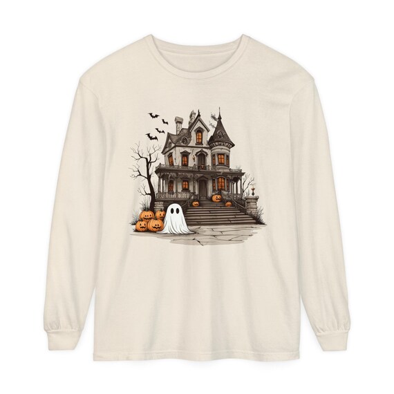 Ghost & Haunted House  Garment-dyed Long Sleeve T-Shirt, Halloween Tshirt, Spooky Season, Halloween attire,Spooky Style