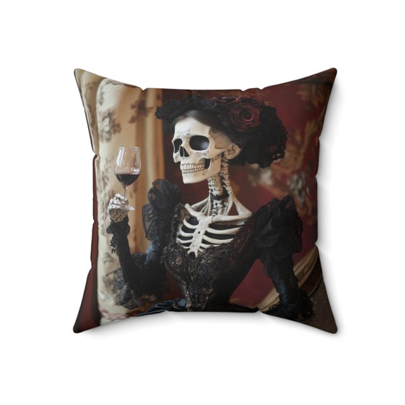 Skeleton Halloween Inspired Square Pillows, Halloween Decor, Halloween Pillows, Skeleton Design, Elegant Skeletons, Wine Lovers, Halloween