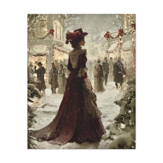 Vintage Victorian Woman at Christmas Canvas, Holiday Wall Art Decor, Christmas Wall Art, Home Decor Gift,Victorian Print,Vintage Holiday Art