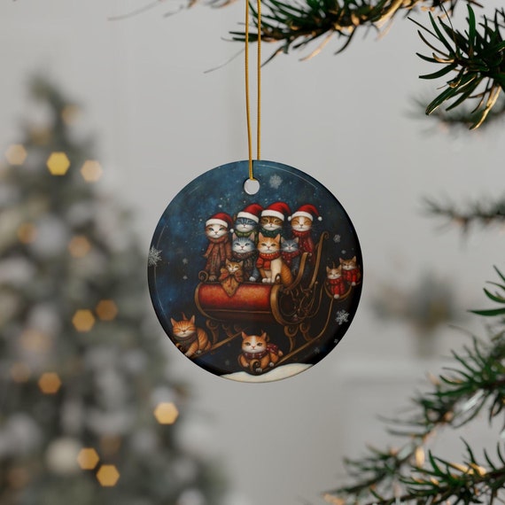 Cat Christmas Ceramic Ornaments, Christmas Cat Ornament, Cats on Sleigh, Holiday Decoration, Christmas Gift, Tree Ornament, Cat Lover Gift