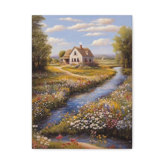Canvas Print, Country Stream and Wildflowers, Wall Art Decor, Landscape Painting, Home Decoration, Nature Lover Gift, Gallery Wrap Canvas