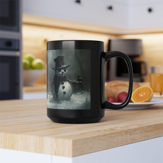 Gothic Snowman Mug, Hallowinter Decor, 15oz Black Coffee Cup, Halloween Gift, Winter Kitchen Accessories