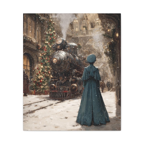 Vintage Canvas Art for Holiday Decor, Steam Train Scene, Christmas Home Decor, Gift for Train Lovers, Wall Art