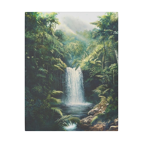 Waterfall Rainforest Watercolor Art Canvas Print, Waterfall Wall Decor, Nature Lover Gift, Home Office Decor, Tropical Landscape