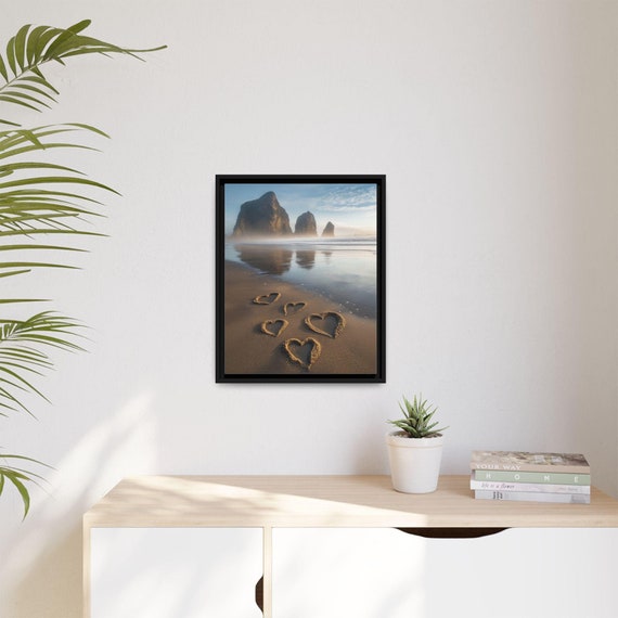 Framed Canvas, Hearts in The Sand Wall Art, Love Beach Decor, Romantic Gift, Coastal Home Decor 16x20, Valentine Gift