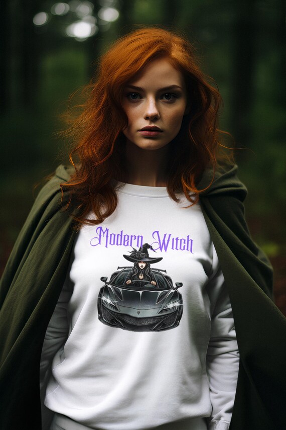 Modern Witch in a Sporty Car  Halloween Unisex Garment-Dyed Sweatshirt, Fun Witch Sweatshirt, Halloween Shirt, Unique Halloween Sweatshirt