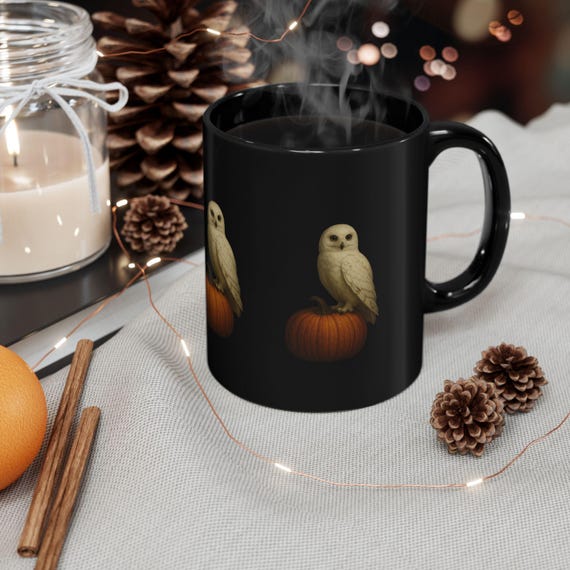 Owl Pumpkin Black Mug | Perfect Halloween Gift, Autumn Decor, Coffee Lovers, Cozy Vibes, Unique Ceramic Mug