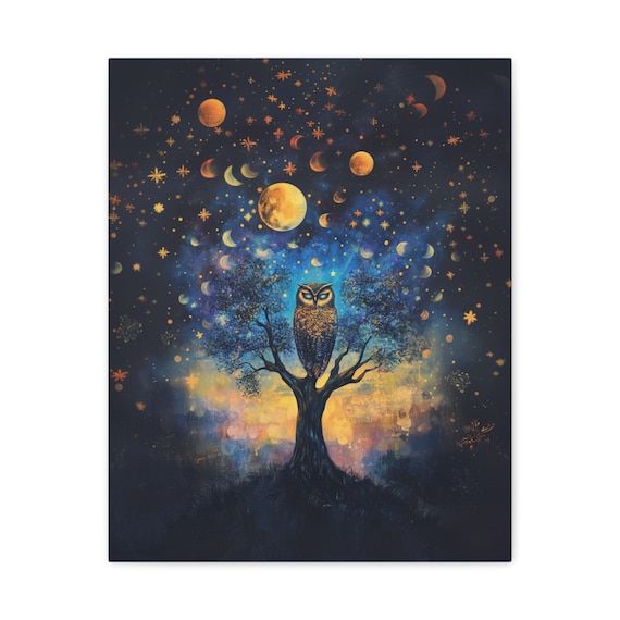 Celestial Owl Canvas Wall Art, Luxury Decor for Nature Lovers, Boho Home, Gifts for Astrology Fans, Moon Phase Art