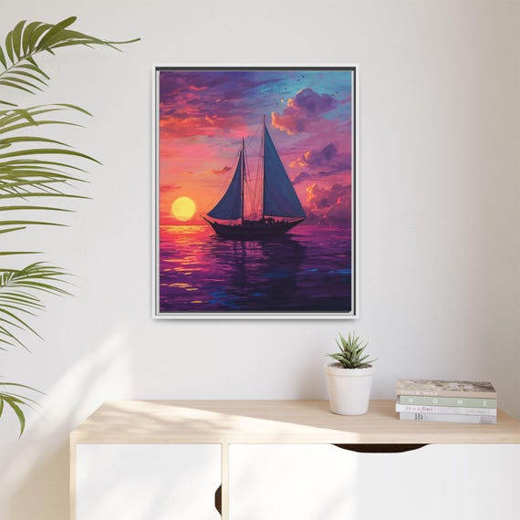 Sailboat and Sunset Wall Art Decor Canvas Nautical Print, Coastal Home Decoration, Ocean Theme Picture, Beach Sailboat Sunset