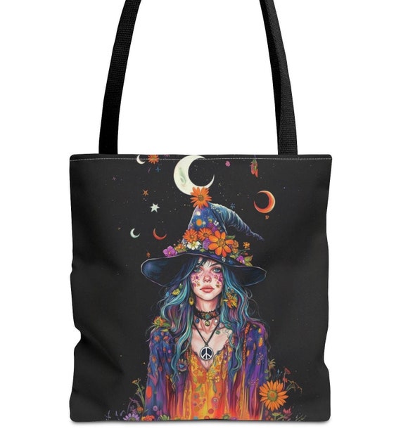 Witch Tote Bag, Halloween Floral Witch Design, Witchy Grocery Bag, Flower Pattern Tote, Witch Hat Shoulder Bag, Halloween Accessory
